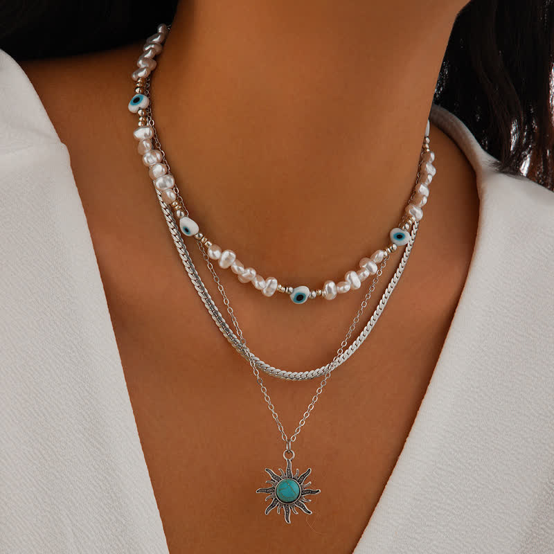 Olivenorma Turquoise Freshwater Pearl Evil Eye Necklace Set - Turquoise Evil Eye Silver - image 5