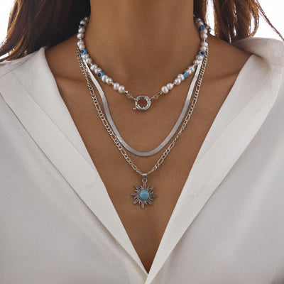 Olivenorma Turquoise Freshwater Pearl Evil Eye Necklace Set - Turquoise Sun Silver - image 14