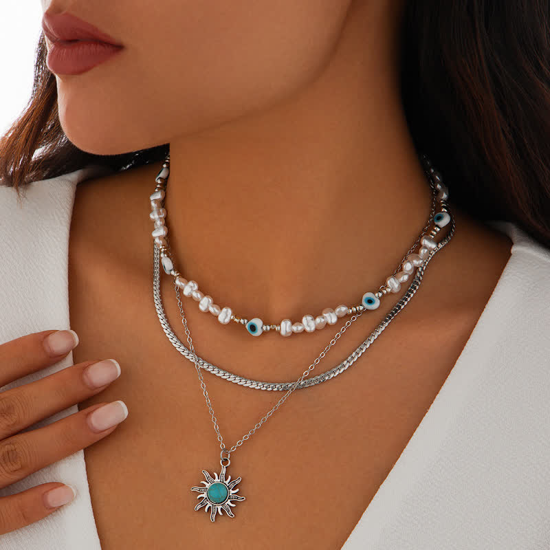 Olivenorma Turquoise Freshwater Pearl Evil Eye Necklace Set