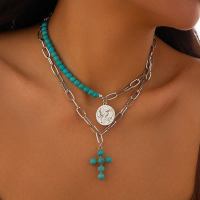 Olivenorma Natural Turquoise Exaggerated Cross Pendant Necklace Set