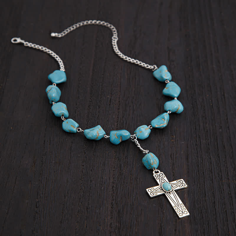 Olivenorma Natural Turquoise Exaggerated Cross Pendant Necklace Set