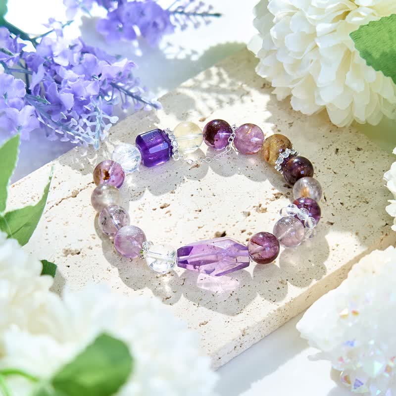 Olivenorma Amethyst Clear Crystal Beaded Metal Chain Bracelet