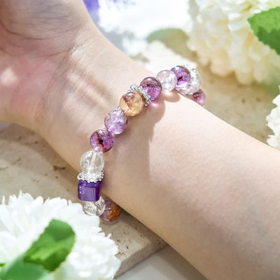 Olivenorma Amethyst Clear Crystal Beaded Metal Chain Bracelet