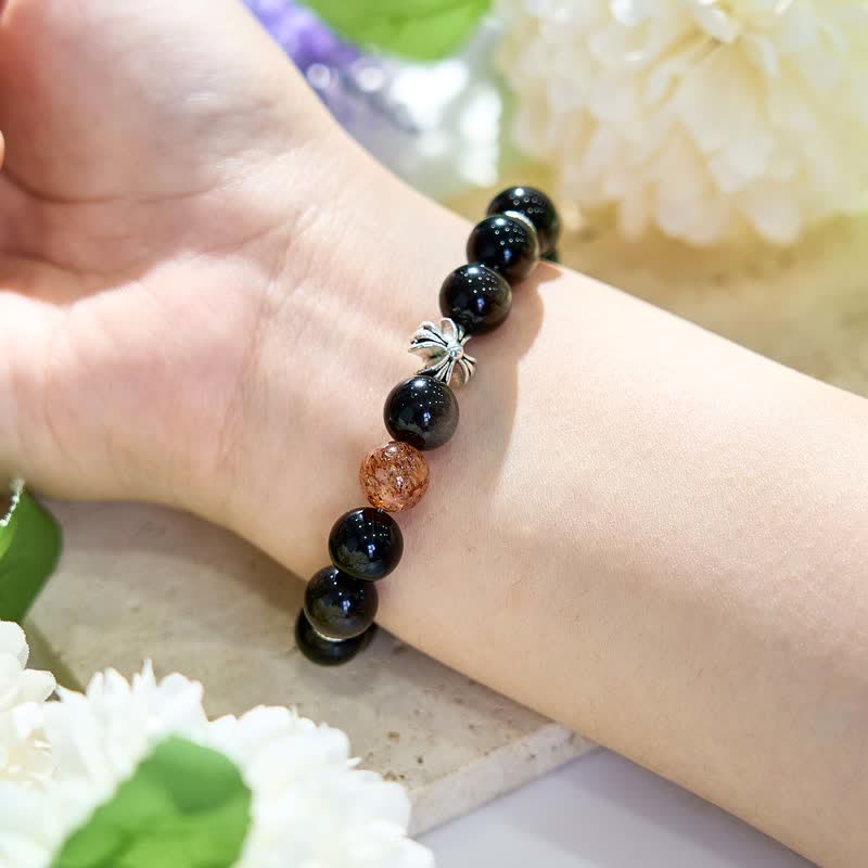 Olivenorma Sun Stone Silver Obsidian Beaded Cross Pendant Bracelet