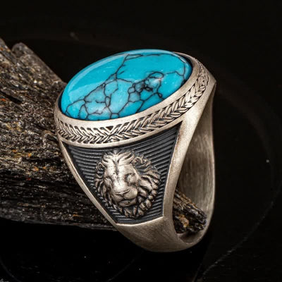 Olivenorma Oval Turquoise Winged Lion Men's Ring