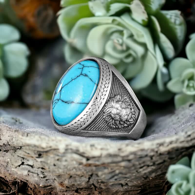 Olivenorma Oval Turquoise Winged Lion Silver Men's Ring