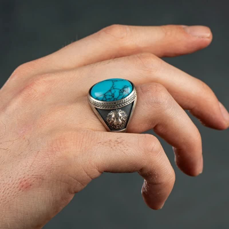 Olivenorma Oval Turquoise Winged Lion Men's Ring