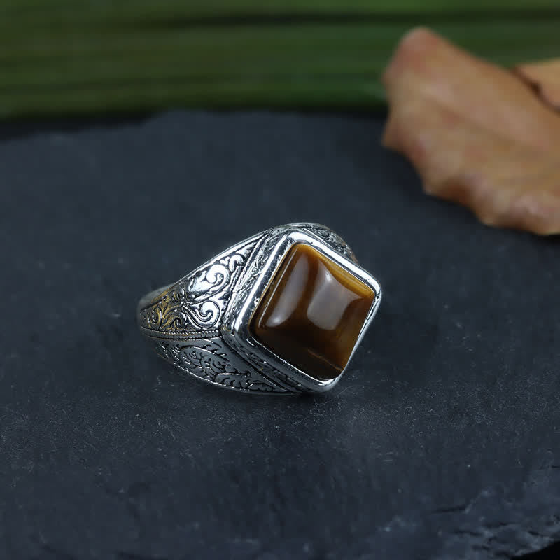 Olivenorma Natural Square Tiger Eye Silver Men Ring