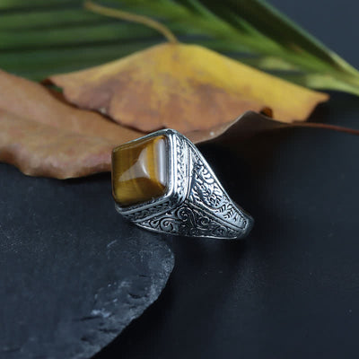 Olivenorma Natural Square Tiger Eye Silver Men Ring