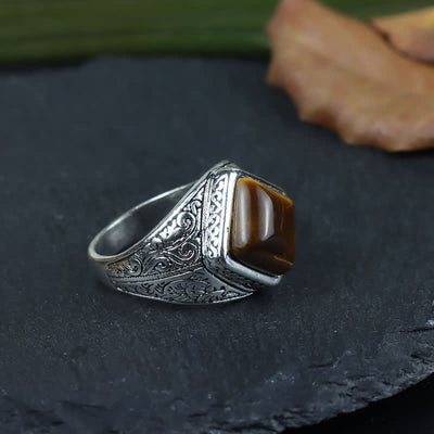 Olivenorma Natural Square Tiger Eye Silver Men Ring