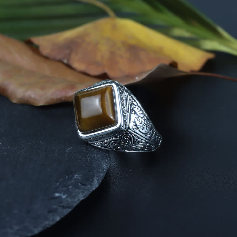 Olivenorma Natural Square Tiger Eye Silver Men Ring