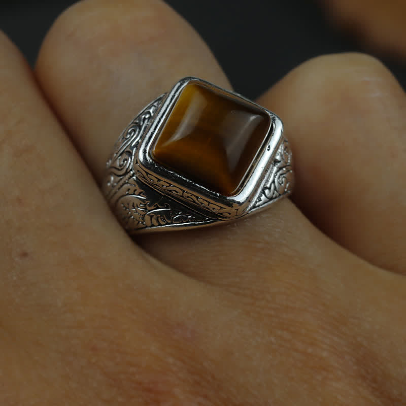 Olivenorma Natural Square Tiger Eye Silver Men Ring