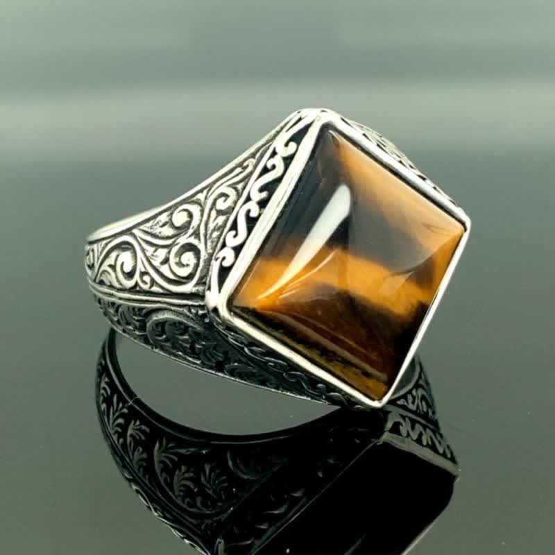 Olivenorma Natural Square Tiger Eye Silver Men Ring