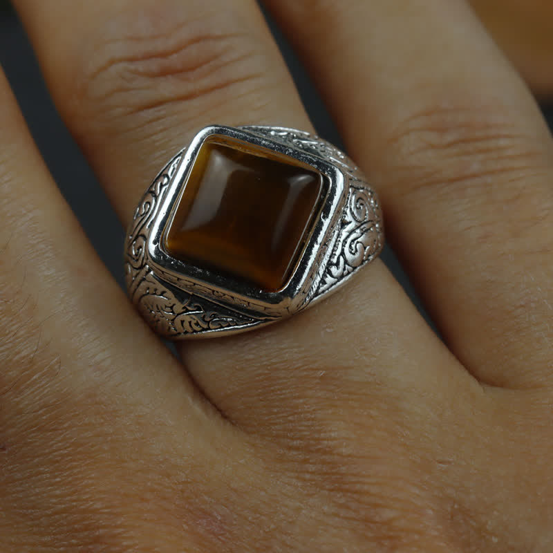 Olivenorma Natural Square Tiger Eye Silver Men Ring