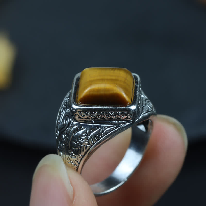 Olivenorma Natural Square Tiger Eye Silver Men Ring