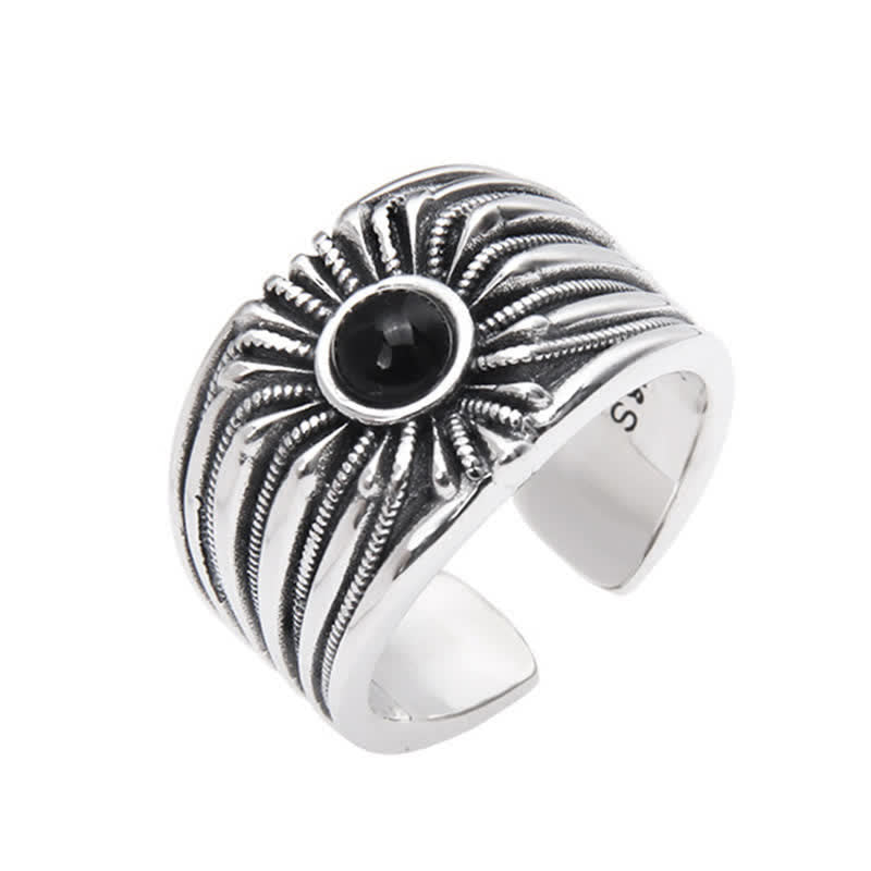 Olivenorma Natural Black Onyx Engraved Men Adjustable Ring