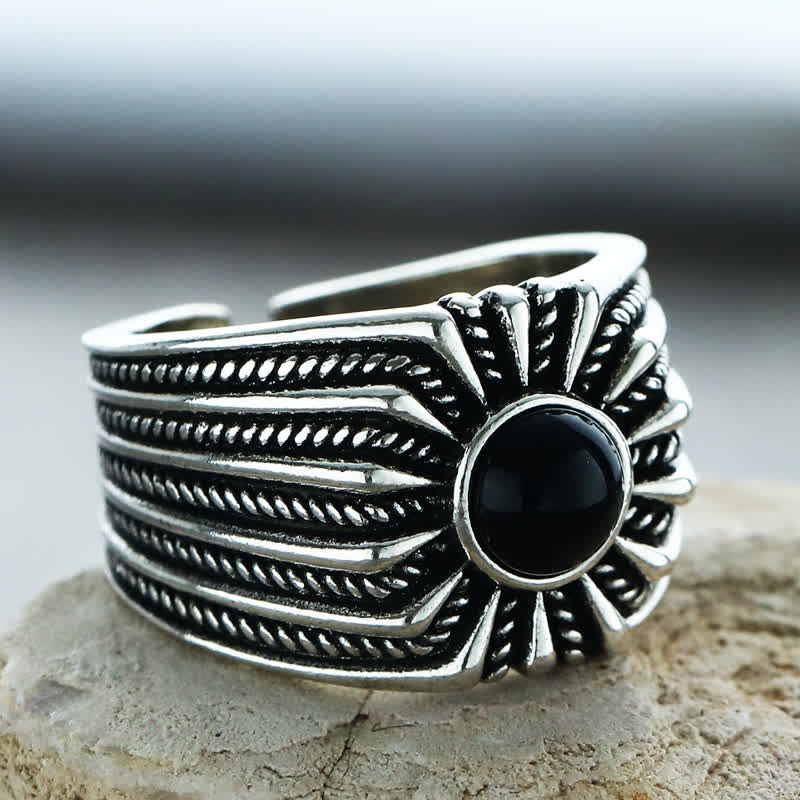 Olivenorma Natural Black Onyx Engraved Men Adjustable Ring