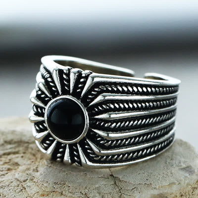 Olivenorma Natural Black Onyx Engraved Men Adjustable Ring