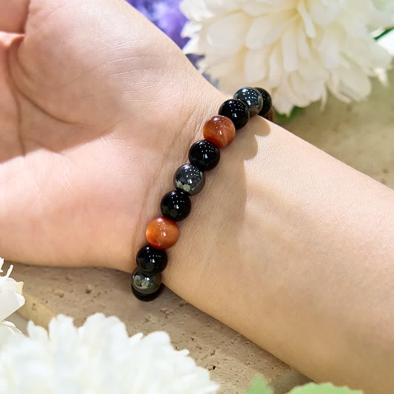 Olivenorma Orange Tiger Eye Obsidian Hematite Beaded Bracelet