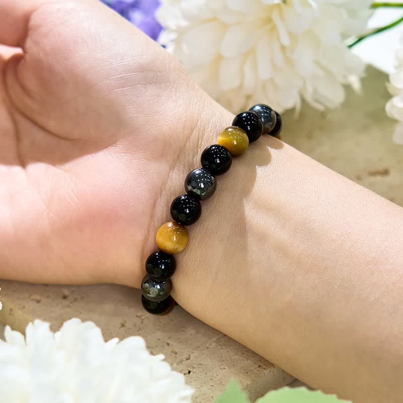 Olivenorma Yellow Tiger Eye Obsidian Hematite Beaded Bracelet