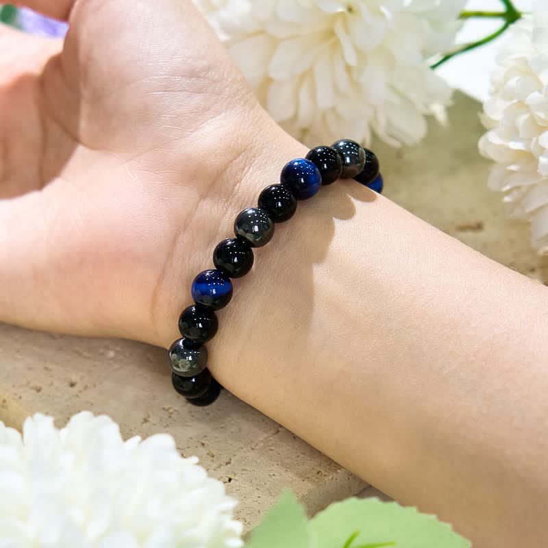 Olivenorma Dark Blue Tiger Eye Obsidian Hematite Beaded Bracelet