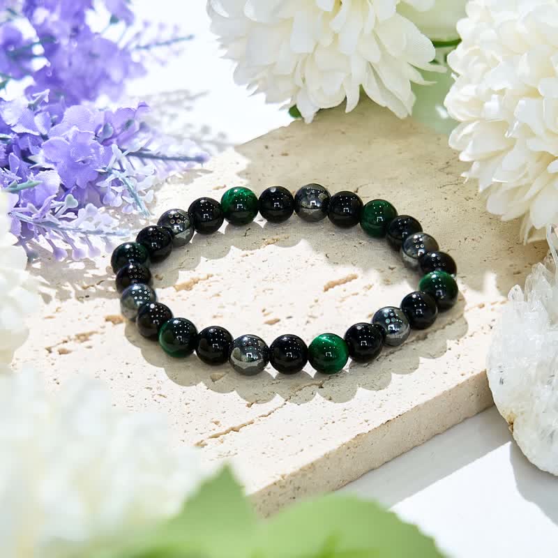 Olivenorma Green Tiger Eye Obsidian Hematite Beaded Bracelet