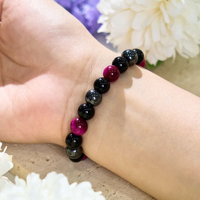 Olivenorma Rose Red Tiger Eye Obsidian Hematite Beaded Bracelet