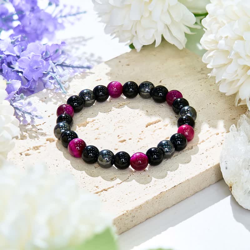 Olivenorma Rose Red Tiger Eye Obsidian Hematite Beaded Bracelet