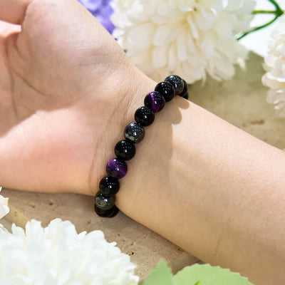 Olivenorma Purple Tiger Eye Obsidian Hematite Beaded Bracelet