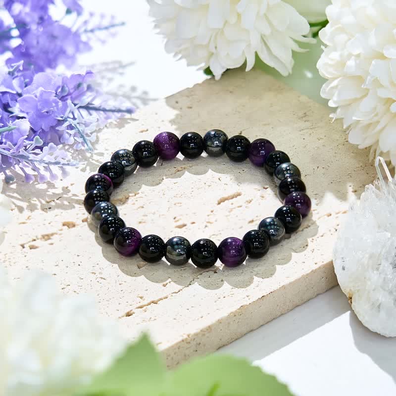 Olivenorma Purple Tiger Eye Obsidian Hematite Beaded Bracelet