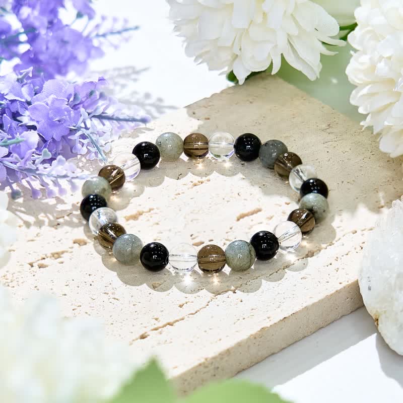 Olivenorma Clear Crystal Labradorite Obsidian Smoky Quartz Beaded Bracelet