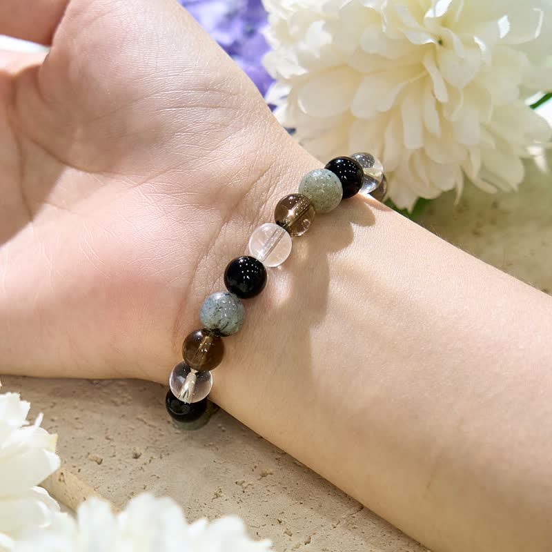 Olivenorma Clear Crystal Labradorite Obsidian Smoky Quartz Beaded Bracelet