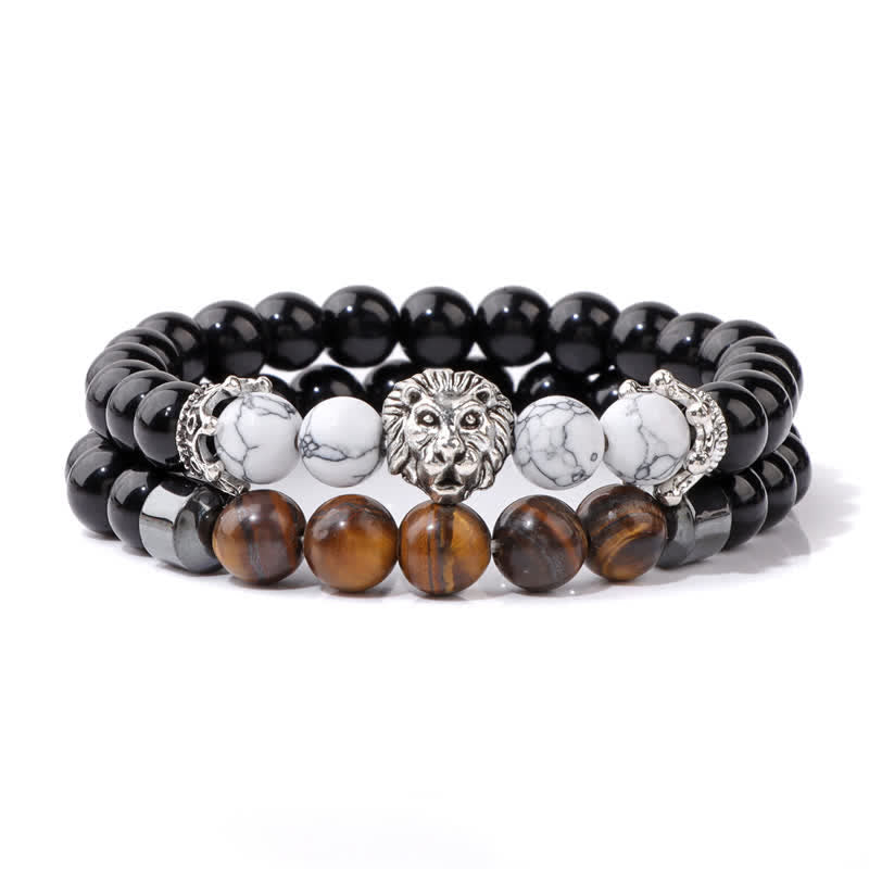 Olivenorma Obsidian Tiger Eye Stone Lion Head Beaded Bracelet