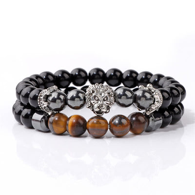 Olivenorma Obsidian Tiger Eye Stone Lion Head Beaded Bracelet