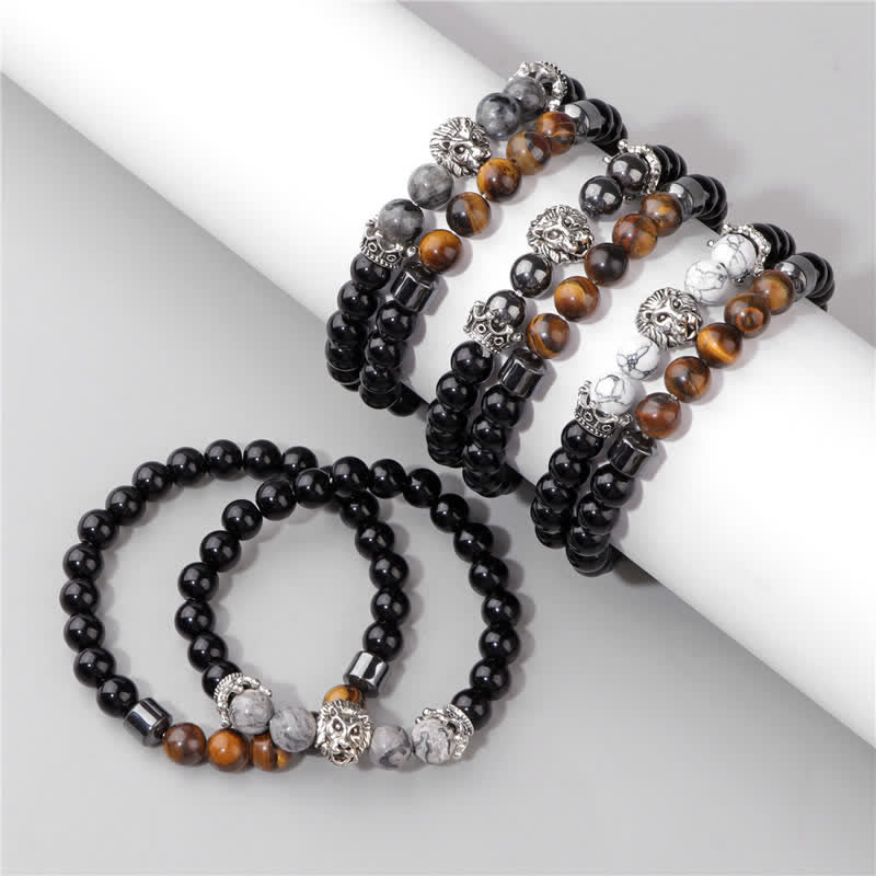 Olivenorma Obsidian Tiger Eye Stone Lion Head Beaded Bracelet