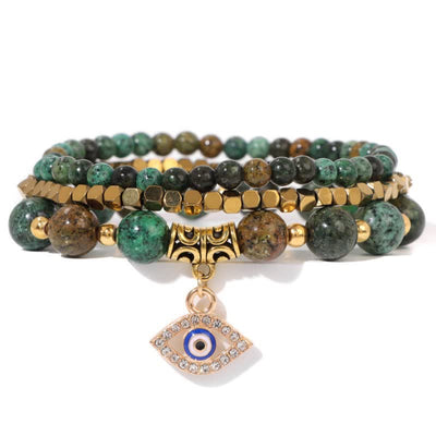 Olivenorma Natural Stone Beaded Evil Eye Pendant Bracelet Set