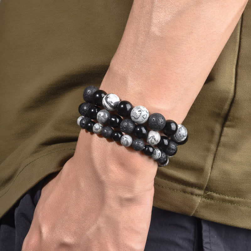 Olivenorma Grey Jasper Obsidian Lava Stone Beaded Bracelet