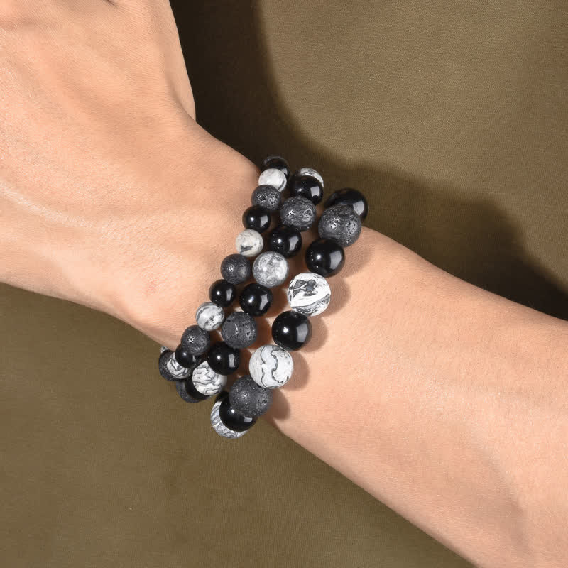 Olivenorma Grey Jasper Obsidian Lava Stone Beaded Bracelet