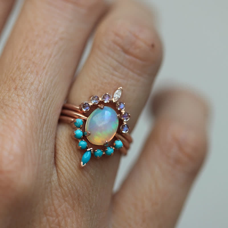 Olivenorma Opalite Turquoise Zircon Ocean Ring Set