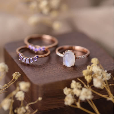 Olivenorma Natural Moonstone Purple Zircon Triple Ring