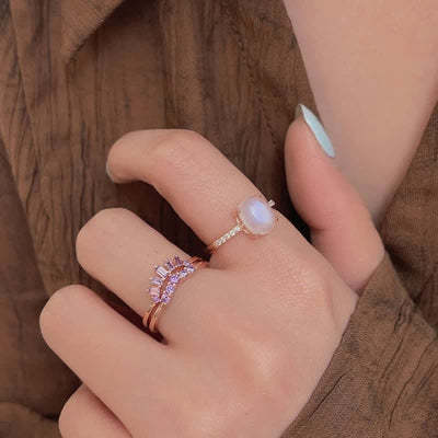 Olivenorma Natural Moonstone Purple Zircon Triple Ring