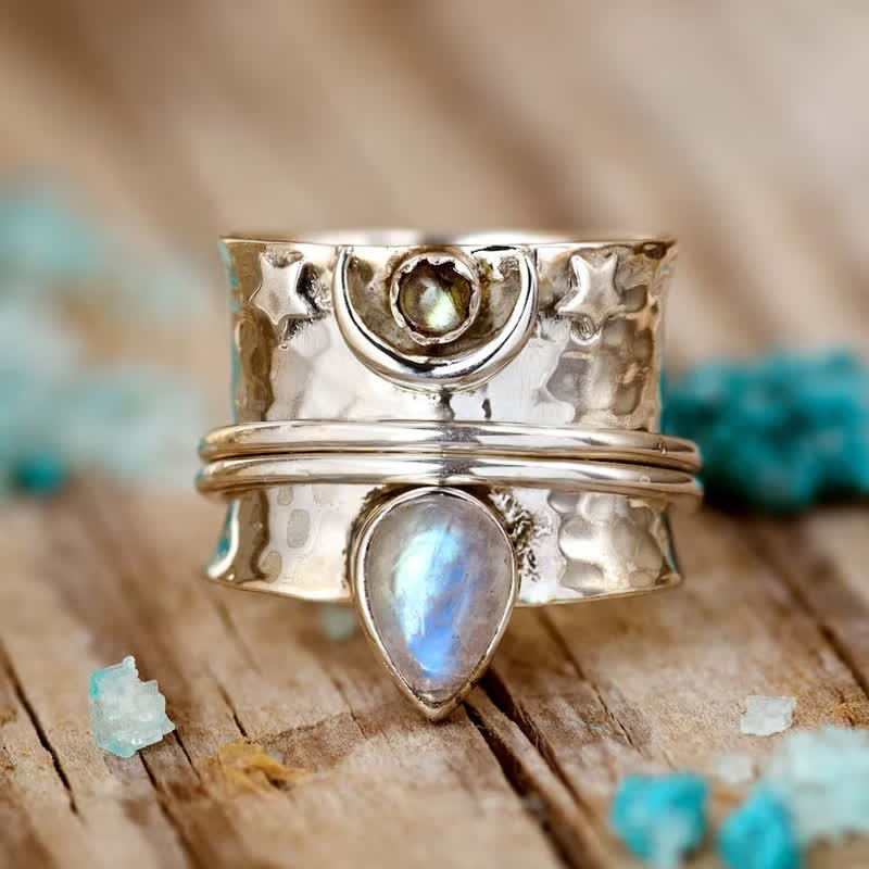 Olivenorma Bohemian Moonstone Star Moon Wide Face Ring