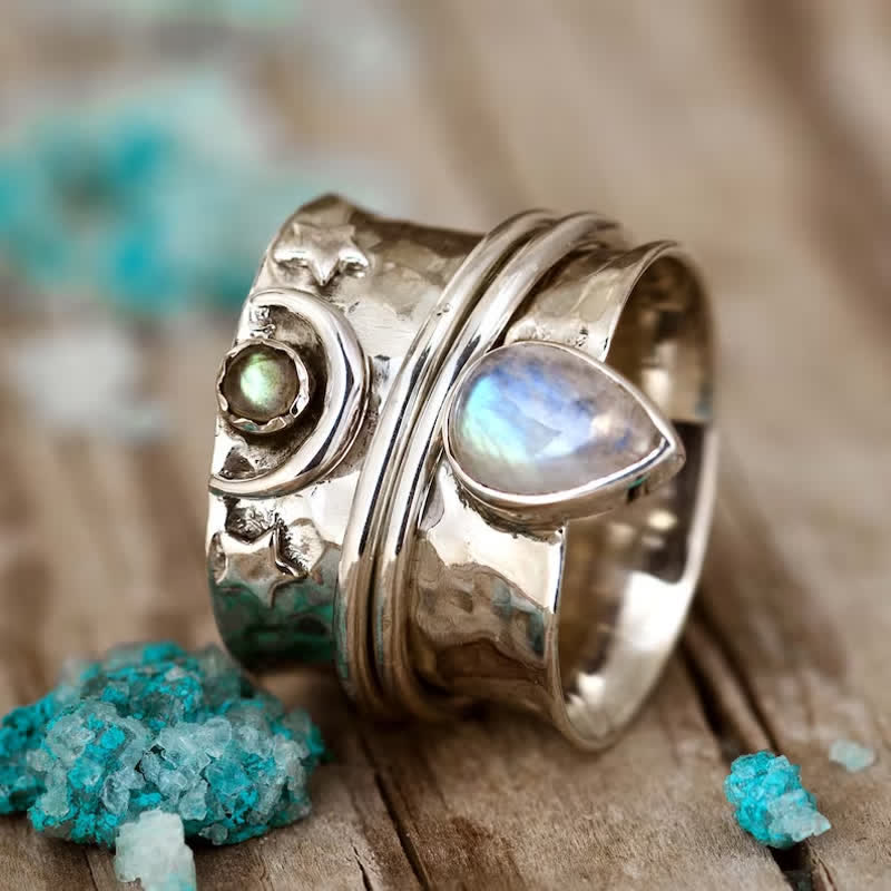 Olivenorma Bohemian Moonstone Star Moon Wide Face Ring