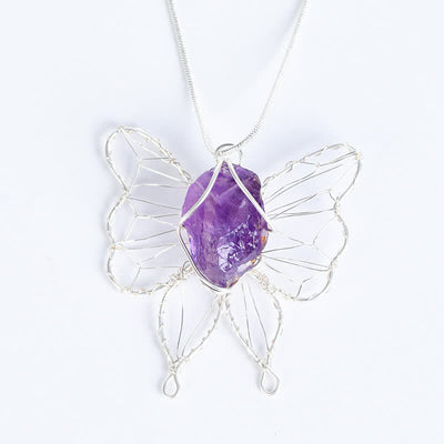 Olivenorma Natural Crystal Handwound Silver Wire Butterfly Pendant Necklace