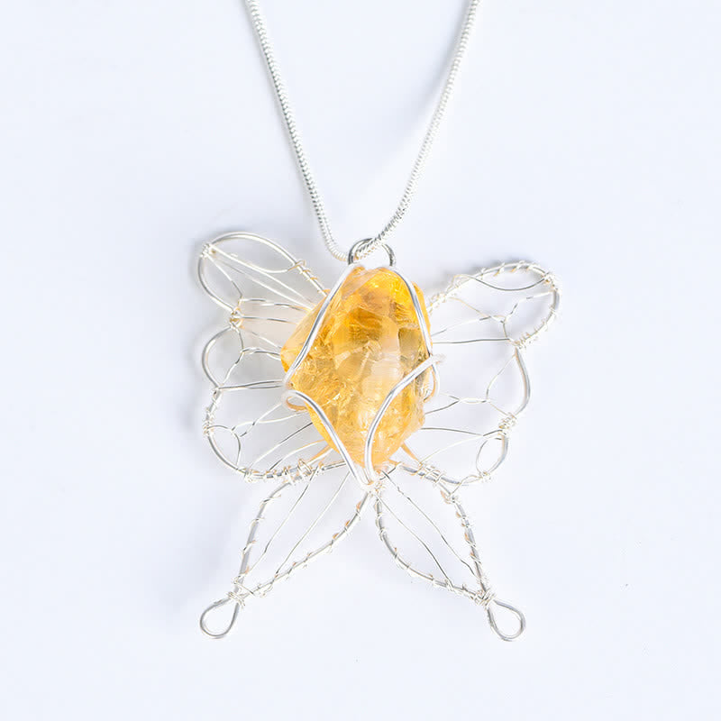 Olivenorma Natural Crystal Handwound Silver Wire Butterfly Pendant Necklace