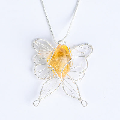 Olivenorma Natural Crystal Handwound Silver Wire Butterfly Pendant Necklace