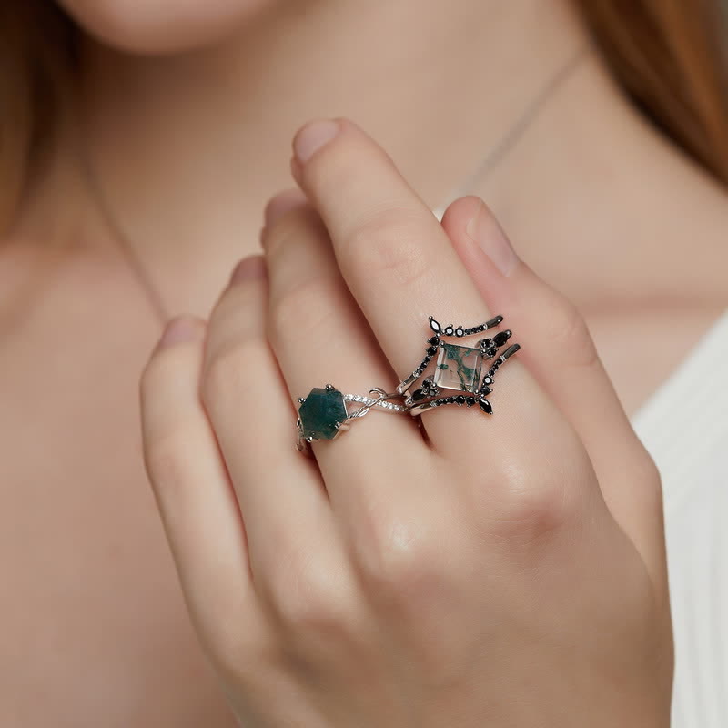 Olivenorma 3 Piece Crown Shaped Moss Agate Obsidian Ring