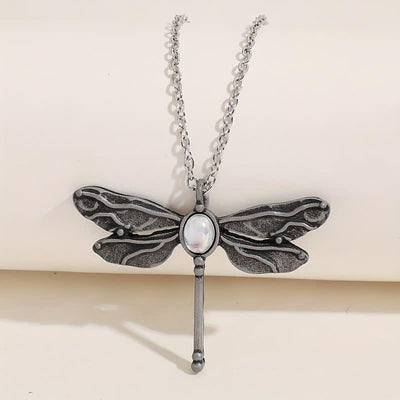 Olivenorma Inlaid Moonstone Dragonfly Pendant Alloy Necklace