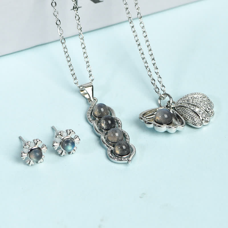 Olivenorma Labradorite Shell Pea Pendant Necklace Snowflake Jewelry Set