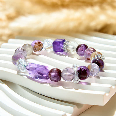 Olivenorma Amethyst Clear Crystal Beaded Metal Chain Bracelet